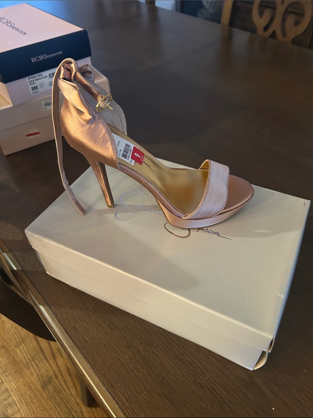 Jessica Simpson Rose Gold Satin Ankle-Tie Stiletto Sandal